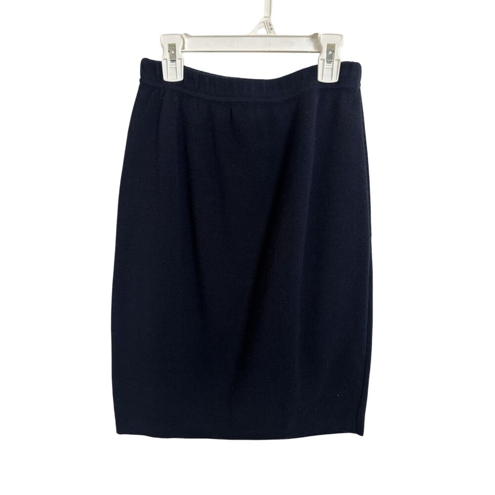 Vtg 90’s Navy Blue Acrylic Knee Length Pencil Skirt Size Small Pull On Academia